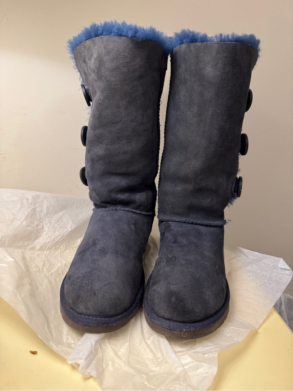 UGG Australia Bailey Button Triplet Tall Boots Navy Blue Suede Shearling Size 6